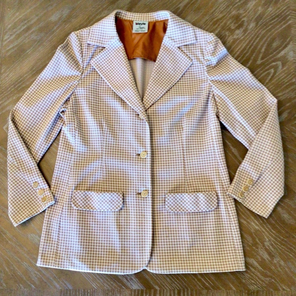 Vintage Bleyle For Hooper Womens 70’s Tan Checked Blazer Jacket Size 16 - Picture 12 of 16